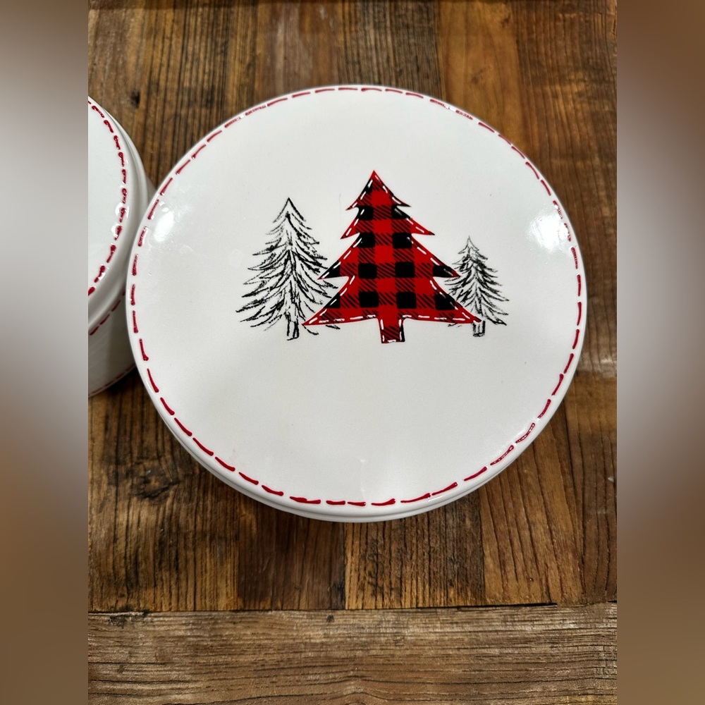 White Ceramic Kitchen Canisters with Red Stitching Accent